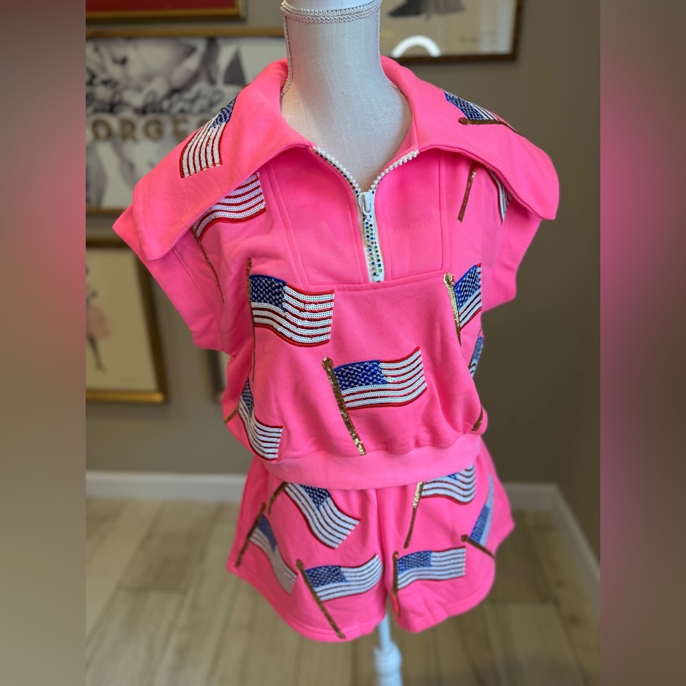 New! QUEEN OF SPARKLES Hot Pink American Flag Sparkle Set